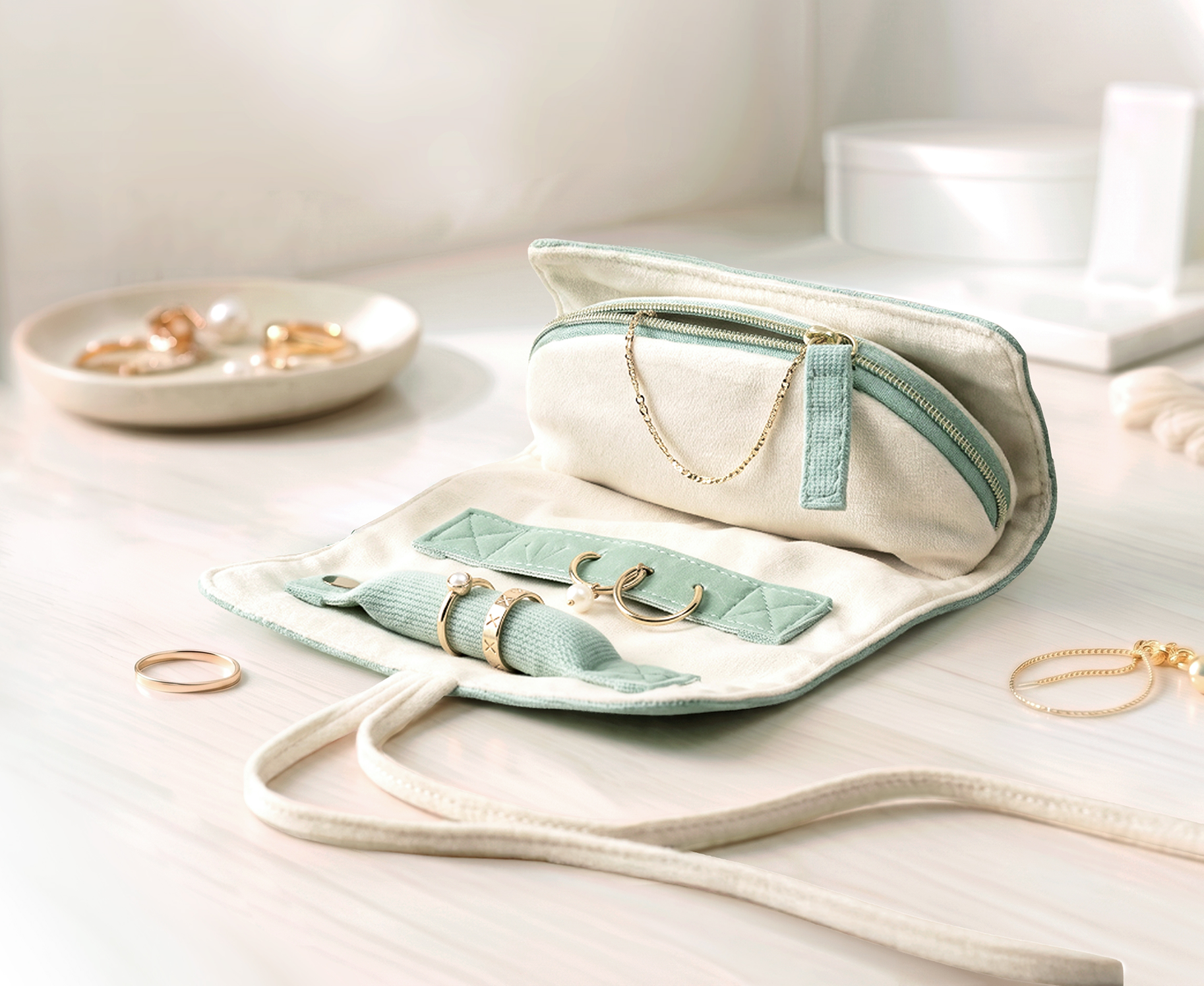 Trousse bijoux roulée verte ouverte laissant apparaître bagues et boucles d'oreilles